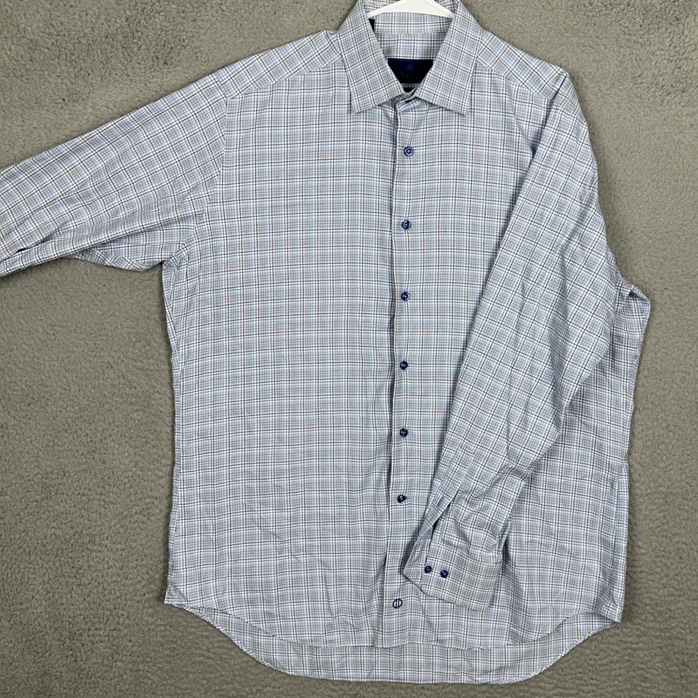 David Donahue Dress Shirt Men 17.5 34-35 Trim Fit Blue White Plaid Button Up EUC